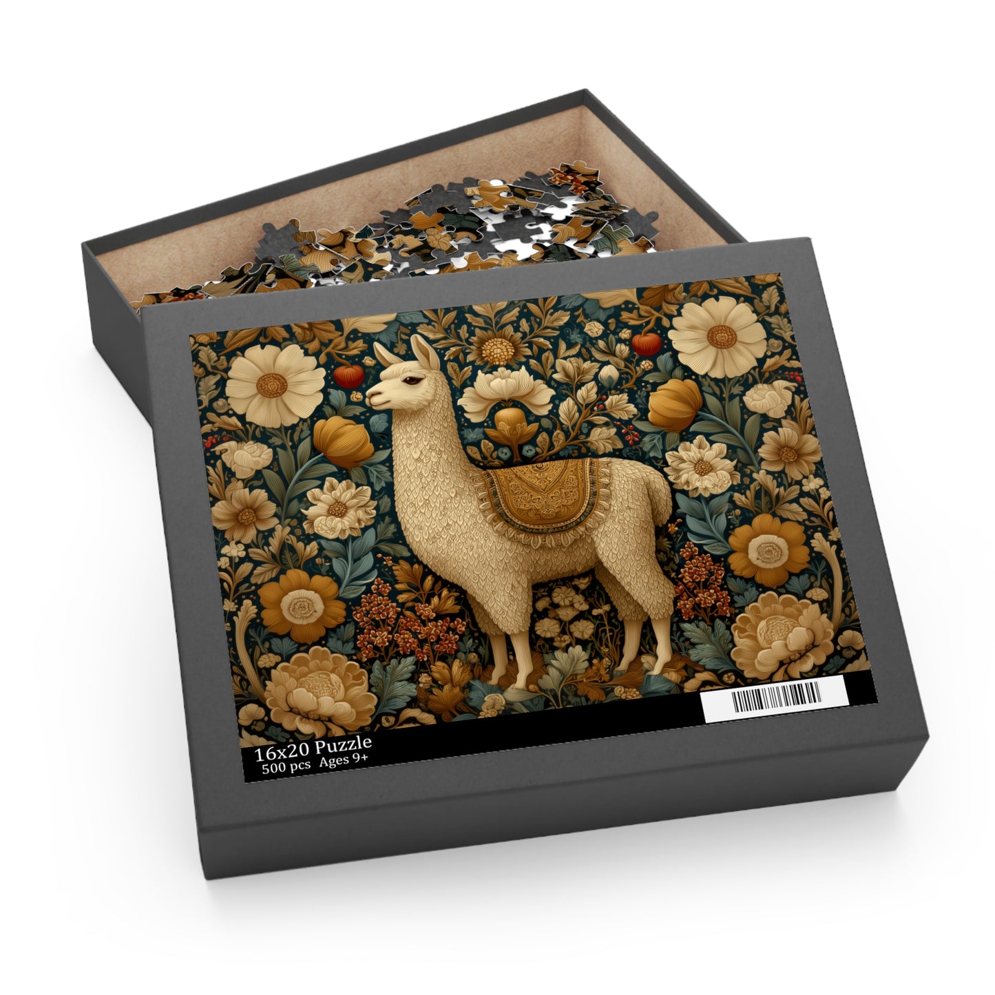 Golden Llama Floral Puzzle, William Morris Style Botanical Jigsaw for Family
