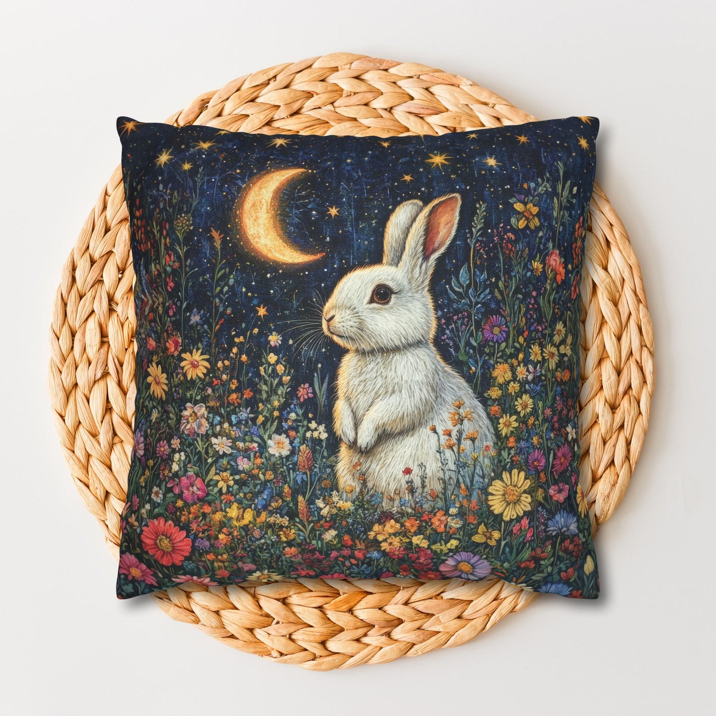 Rabbit Moon Wildflowers William Morris Inspired Pillowcase