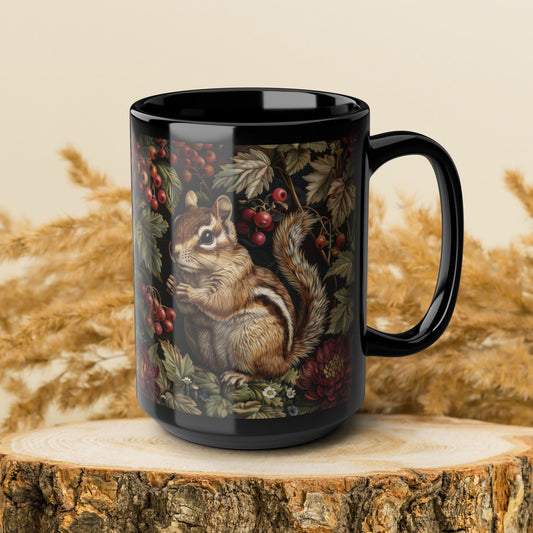 Whimsical Chipmunk Autumn Mug, Black Ceramic Woodland Animal Cup 11oz & 15oz Fall Forest Nature Coffee Mug for Animal Lovers