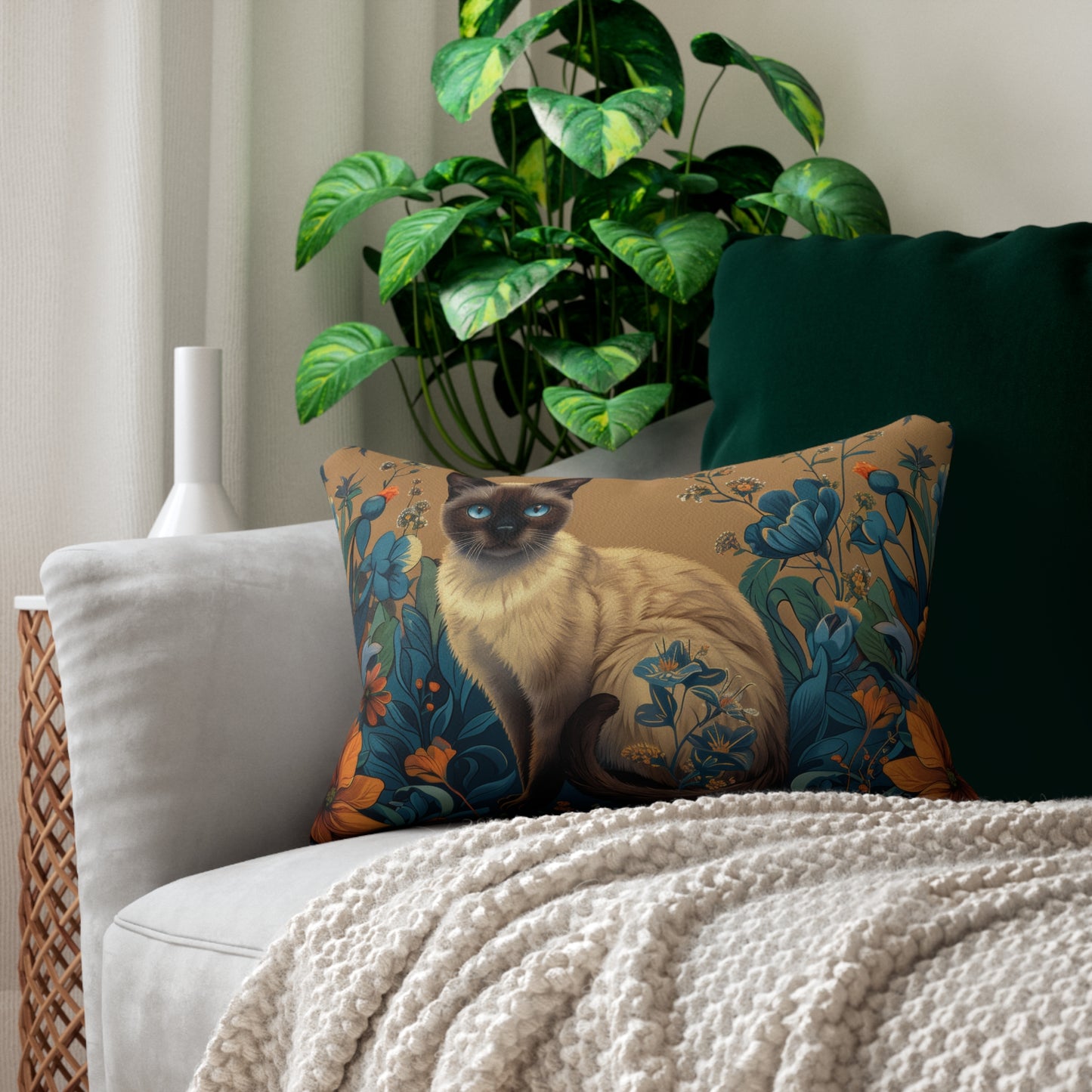 Siamese Cat Florals Garden William Morrium Inspired Lumbar Pillow