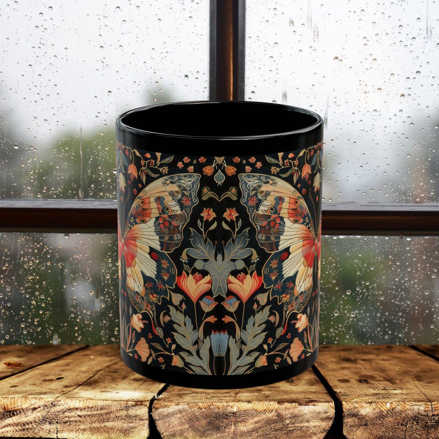 Enchanting Butterfly in the Style of William Morris, Woodland Blossoms Floral Botanical Design Black Mug 11oz, 15 oz