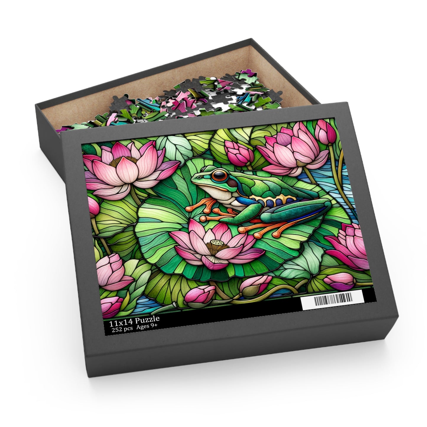 Stained Glass Frog Pink Water Lily Puzzle (120, 252, 500-Piece) Family Jigsaw Puzzle, Puzzle Box Gift