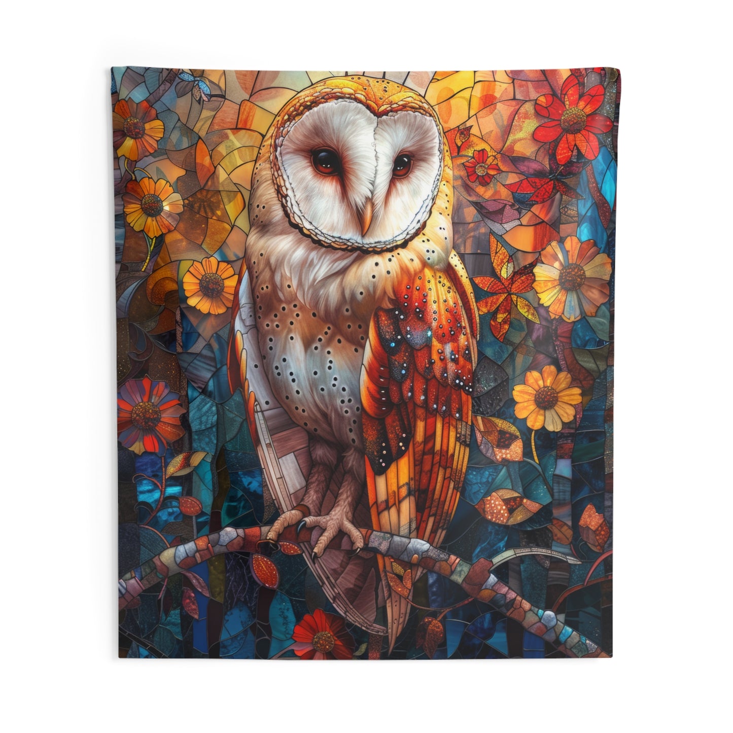 Tapestry of Forest Barn Owl Faux Stained Glass Vibrant Psychedelic Art Wall Tapestries