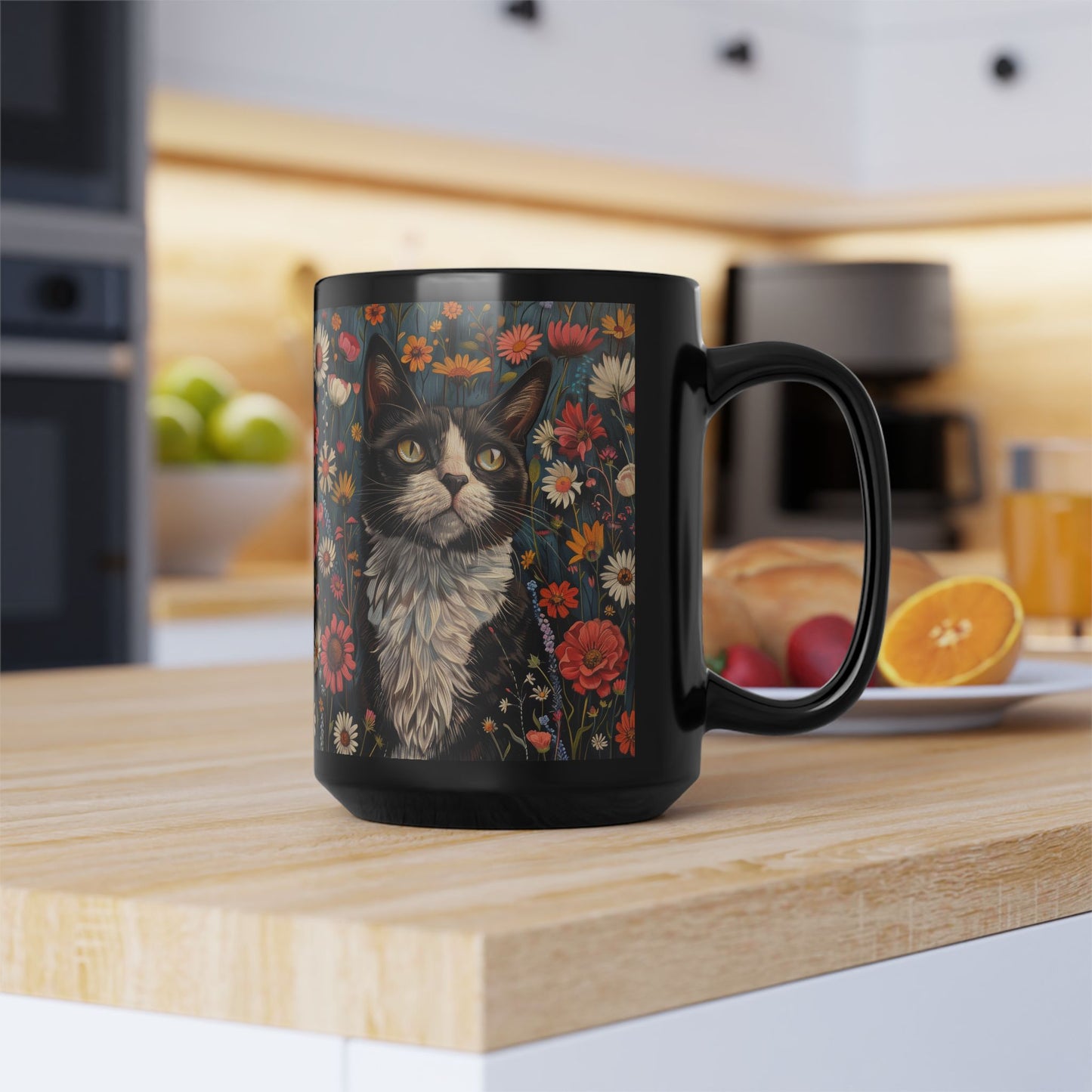 Tuxedo Cat Floral Mug, Vintage Botanical Cat Coffee Mug, William Morris Inspired Black Ceramic Mug 11oz & 15oz