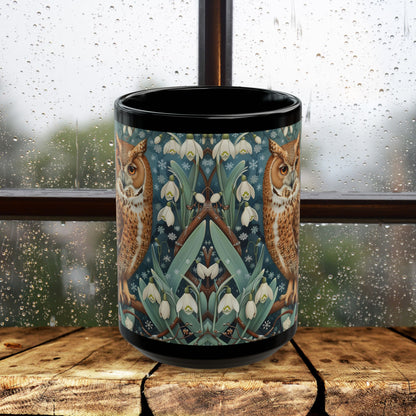 Whimsical Owl Snowdrop Floral Black Mug - Woodland Nature Coffee Cup, Forest Animal Art Gift, Cozy Rustic Drinkware