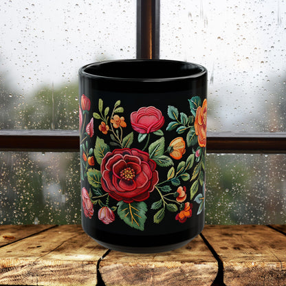 Vintage Roses Pattern Embroidery Black Mug 11oz/15oz