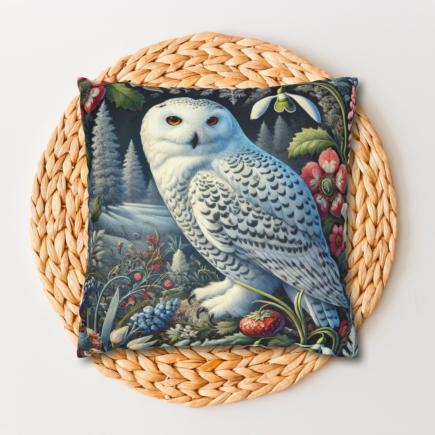 William Morris Inspired Woodland Snowy Owl Winter flowers Decorative Pillowcase