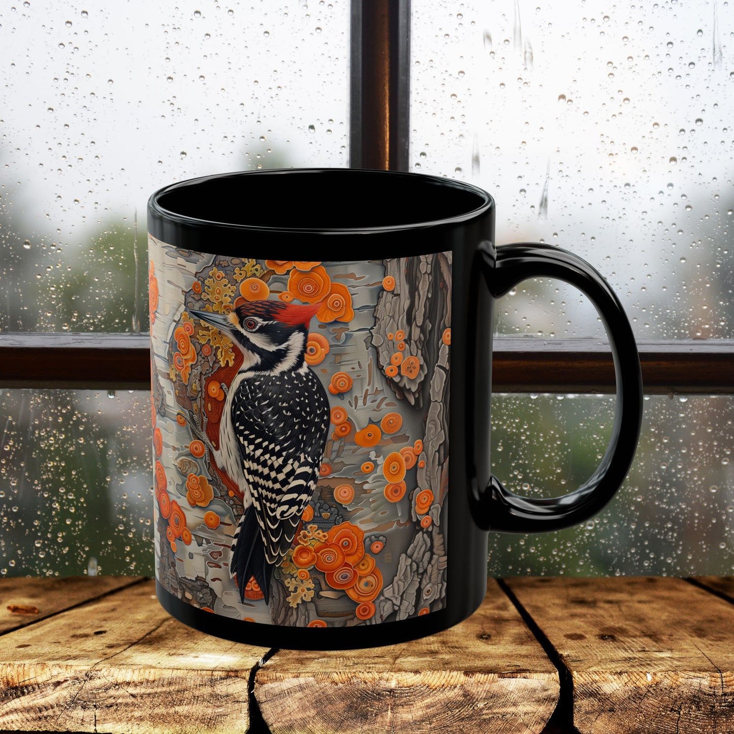 Woodpecker Black Mug - Vibrant Forest Bird Coffee Cup, Botanical Woodland Art Gift, Rustic Nature Drinkware