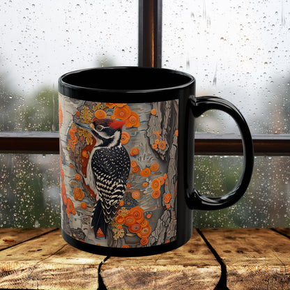Woodpecker Black Mug - Vibrant Forest Bird Coffee Cup, Botanical Woodland Art Gift, Rustic Nature Drinkware