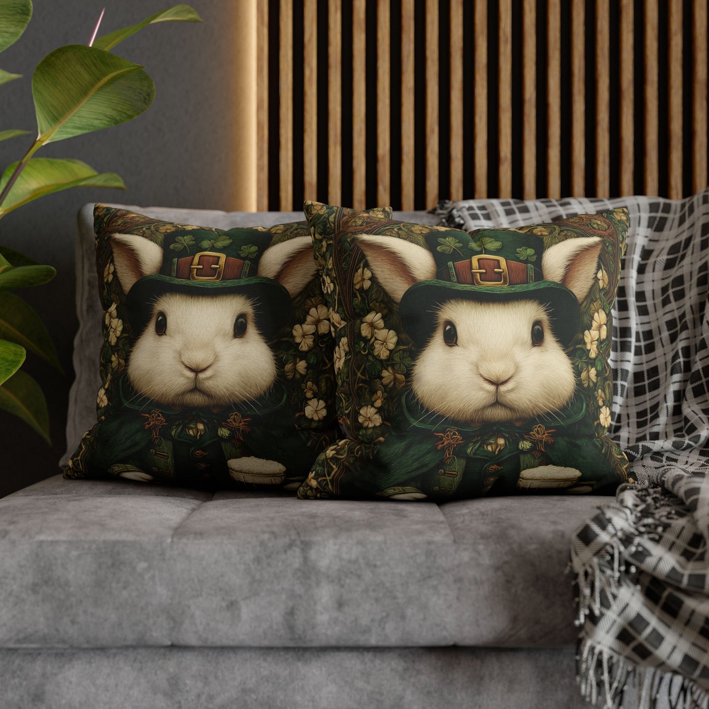 Leprechaun Bunny Decorative Pillowcase, St Patrick Day William Morris Style Rabbit Cushion