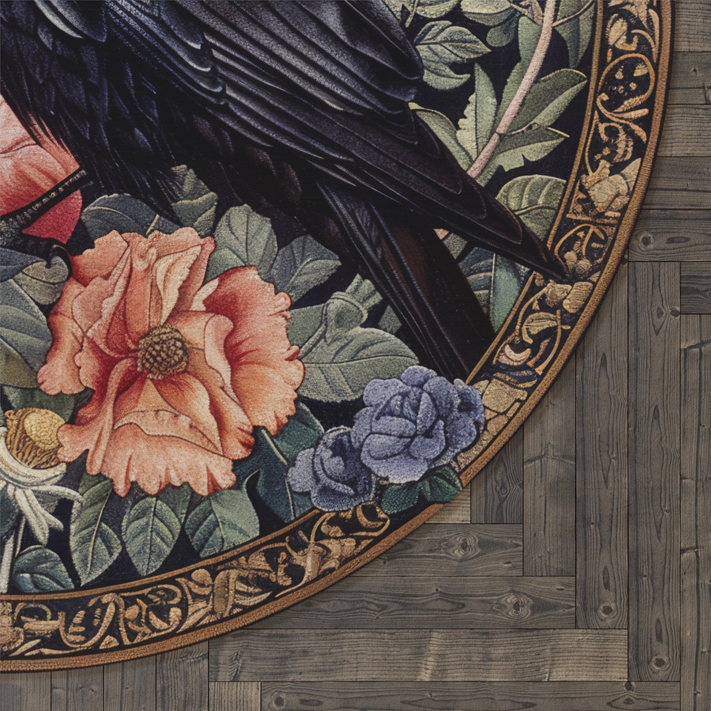 Round Rug - William Morris Inspired Black Raven Ornamental Gothic Floor Carpet