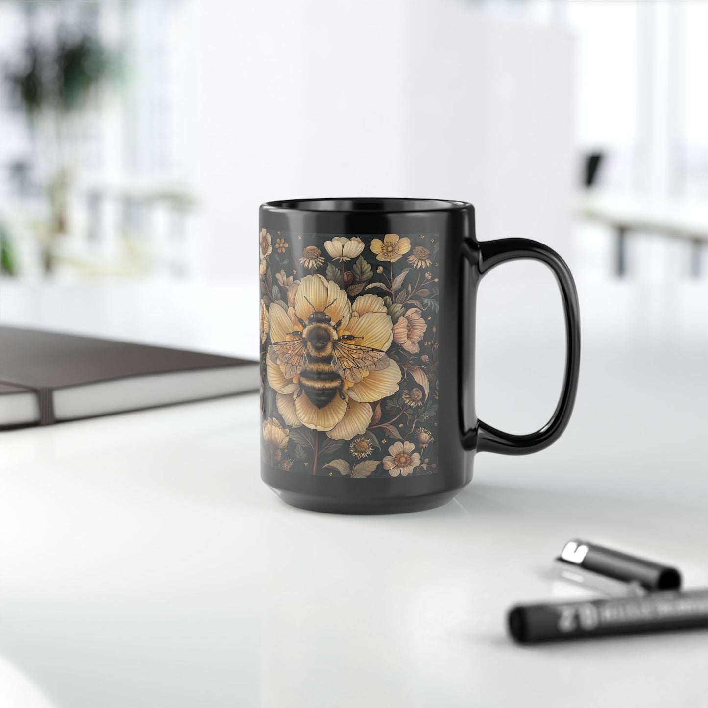 Botanical Bumblebee William Morris Inspired Black Coffee Mug For Her Him Ceramic Mug Black Mug 11oz, 15oz