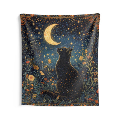 Black Cat Whimsical Night, William Morris Art Deco Hanging Halloween Home Decor | Black Cat Art Wall Tapestry