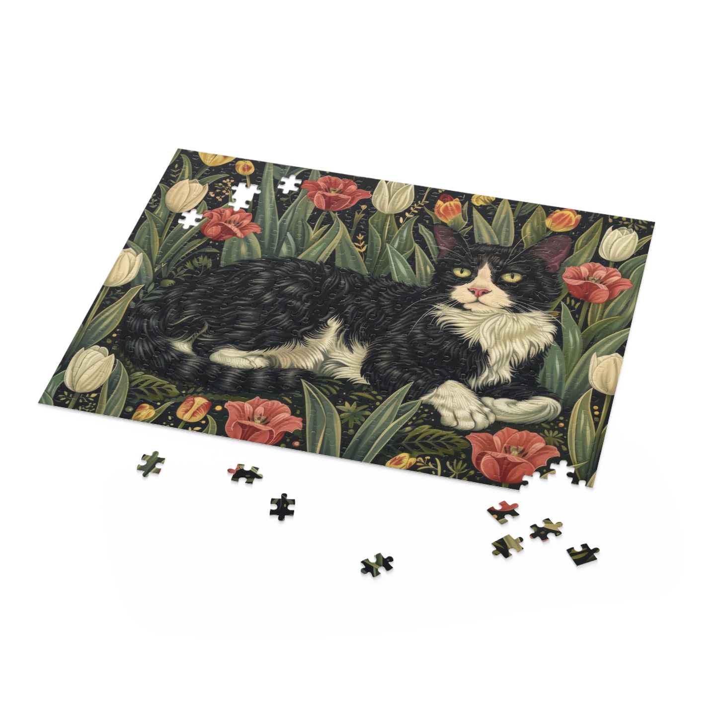 Tuxedo Cat Tulips Field in William Morris Style (120, 252, 500-Piece) Adult Jigsaw Puzzle, Gift Him Her