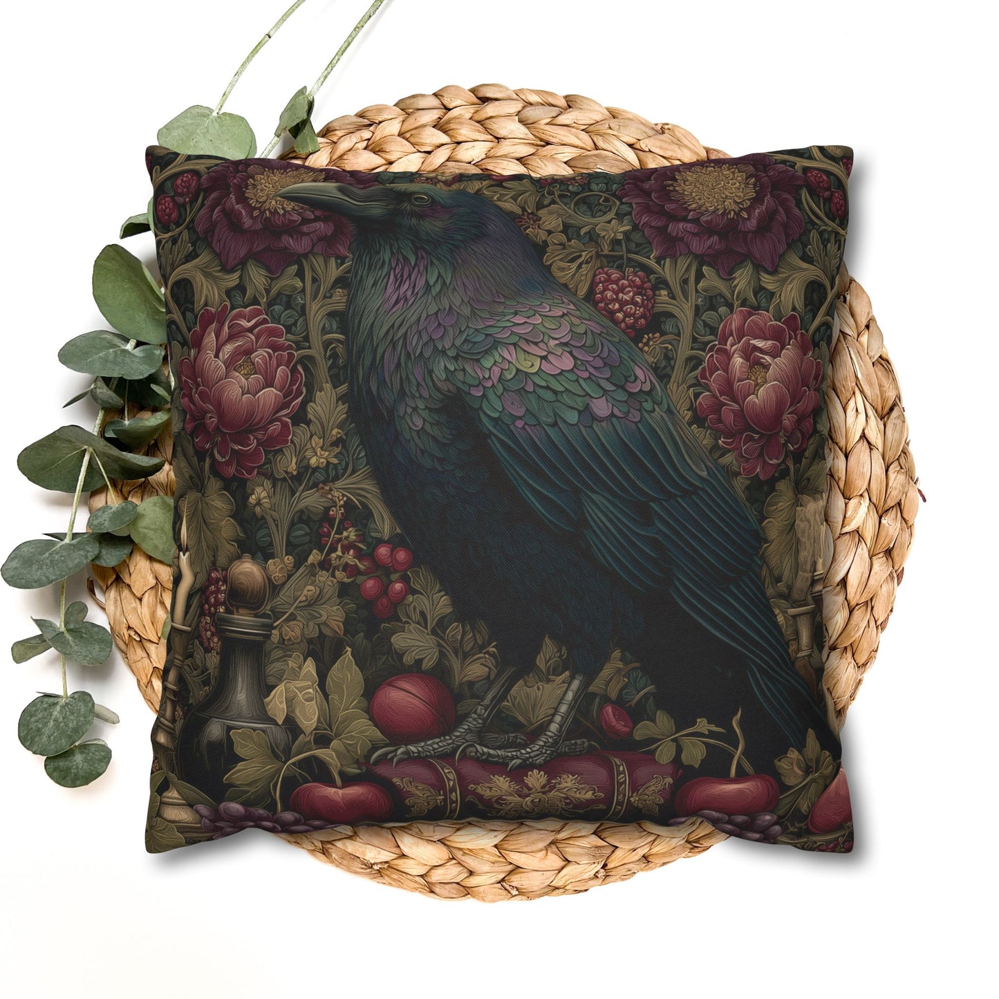 Gothic Raven & Peony Candle Pillowcase, Dark Academia Bird Cushion with Fruit and Floral Design, Halloween Home Decor