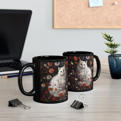 William Morris Inspired White Persian Cat Florals Garden Black Coffee Mug, Cat Lover Gift