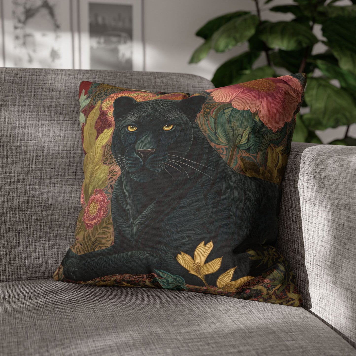 Black Panther Pillowcase, Elegant Botanical Animal Cushion, William Morris Inspired Floral Jungle