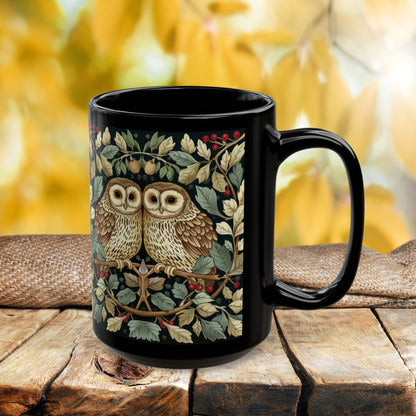 Owl Couple Coffee Mug, William Morris Inspired Woodland Romance Black Ceramic Cup (11oz, 15oz)