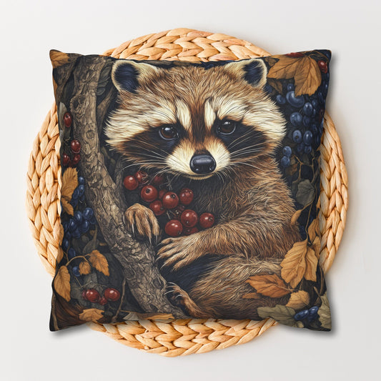 William Morris Inspired Woodland Raccoon Berry Decorative Pillowcase | Cottage-core Pillowcase
