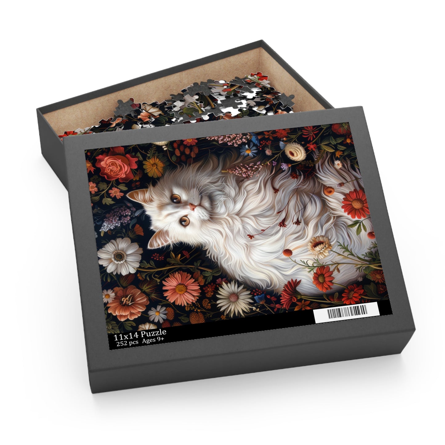 William Morris Inspired Botanical White Persian Cat Jigsaw Puzzle Box (120, 252, 500-Piece)