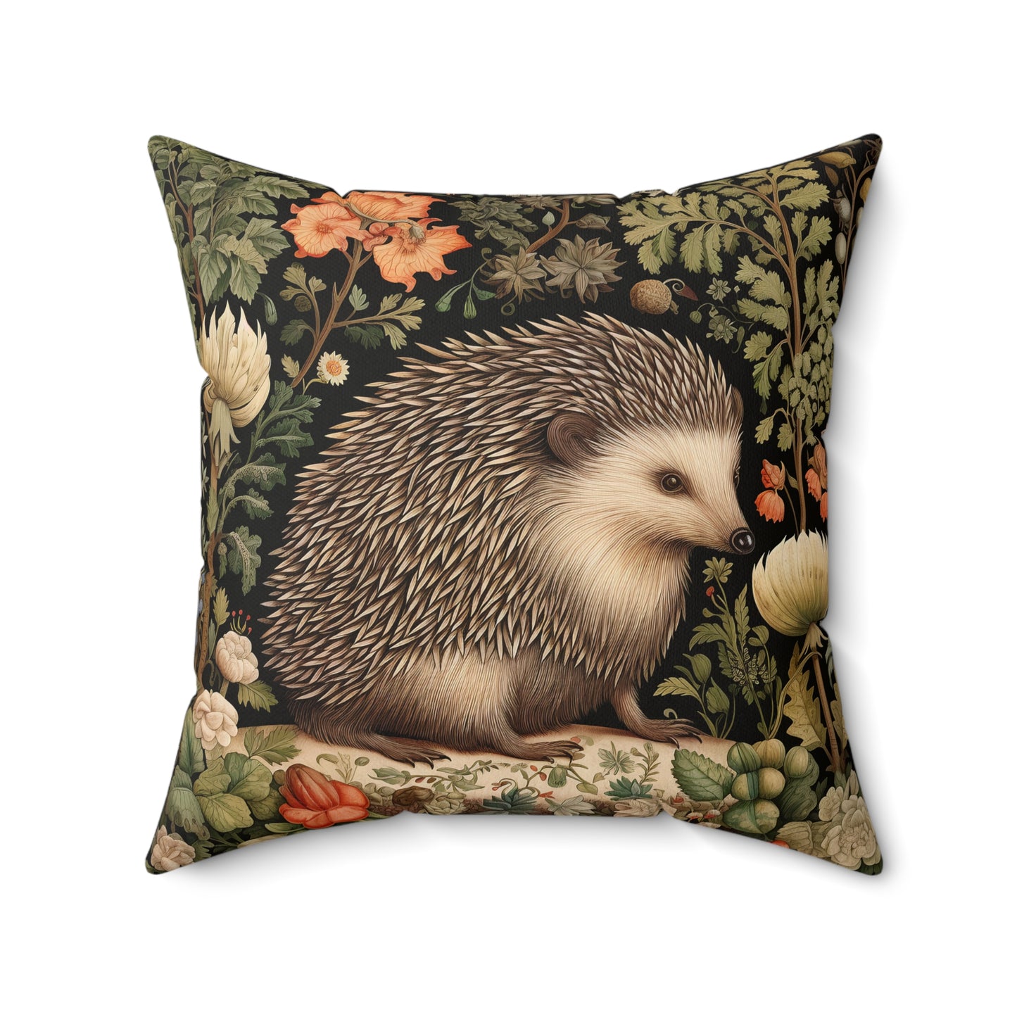 William Morris Inspired Charming Hedgehog Throw Pillow | Forest Hedgehog Floral Home Decor Pillow