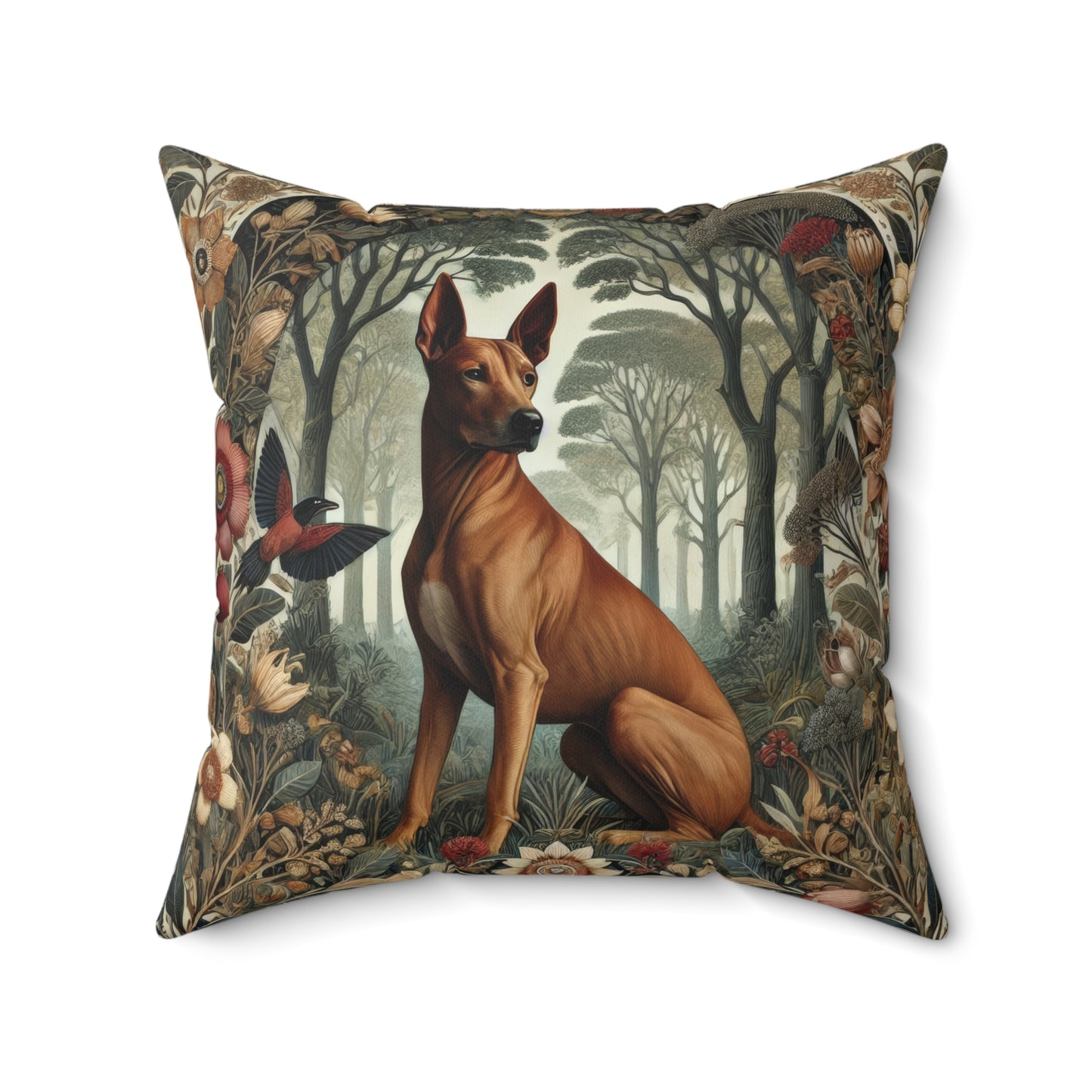 Brown Thai Ridgeback Dog Ornate Botanical Themed Forest William Morris Inspired Decorative Pillow