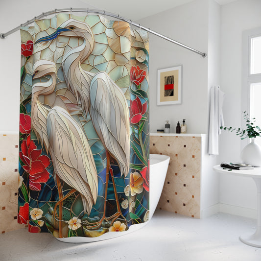 Faux Stained Glass Great White Heron Red Flowers Polyester Shower Curtain