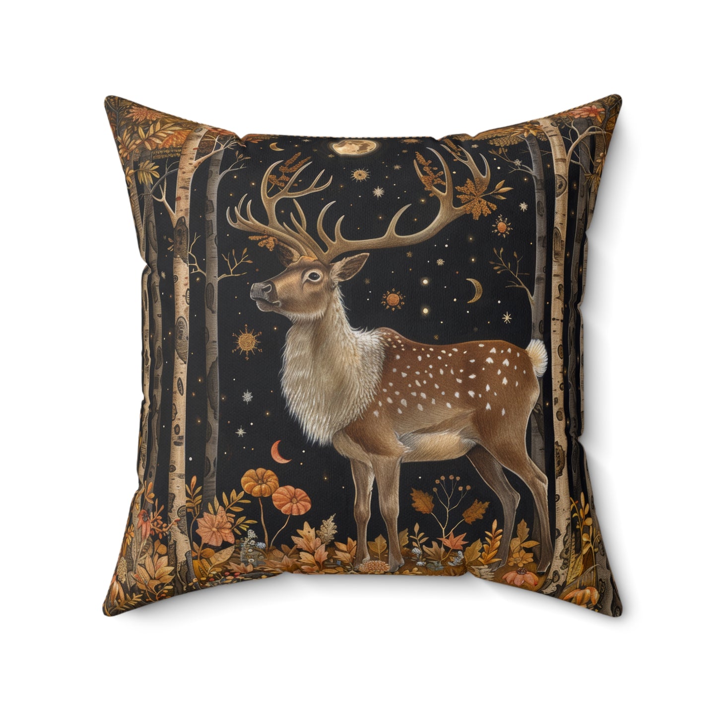 Victorian Reindeer Full Moon And Stars in Whimsical Night Pillow Home Decor, Spun Polyester Square Pillow