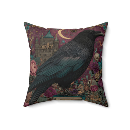 Mystical Raven Gothic Pillow with Floral Castle Art, Spooky Halloween Decor, Dark Academia Throw Pillow