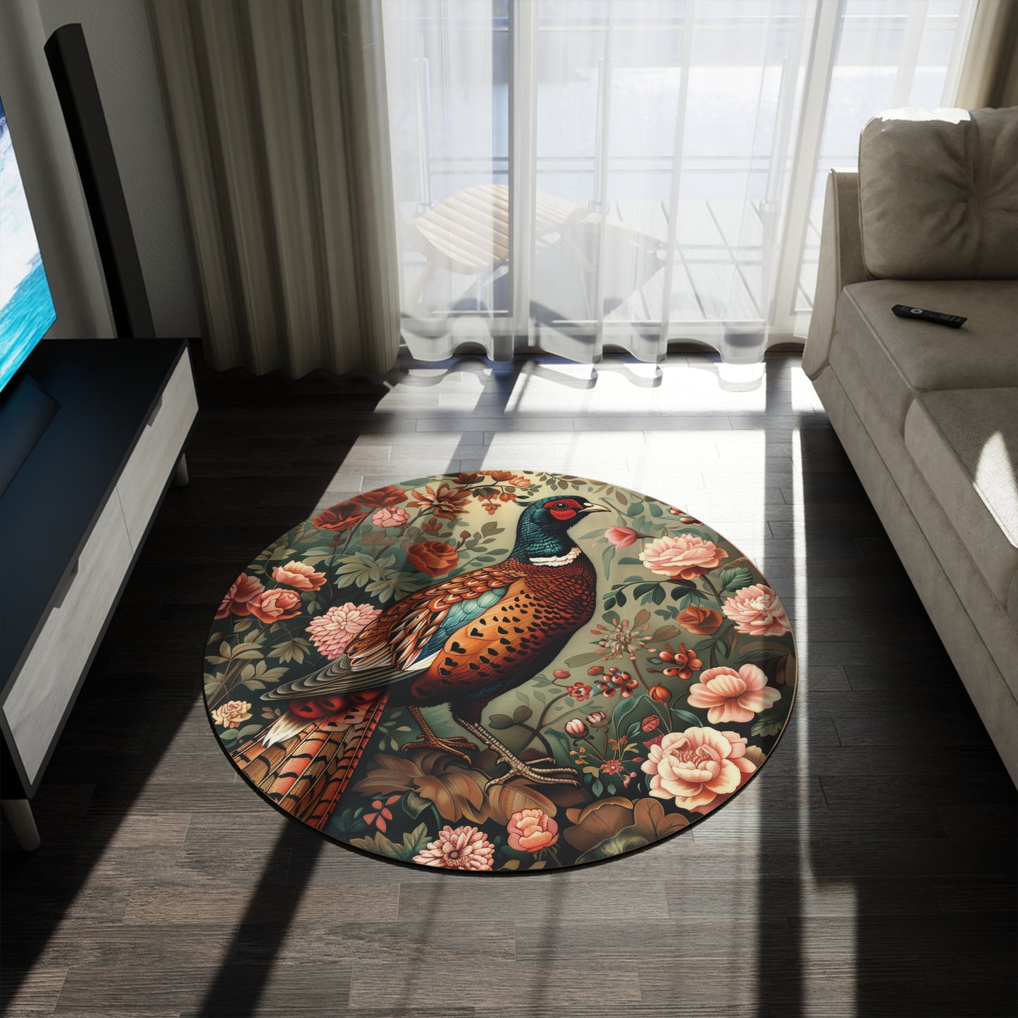 Pheasant Floral Garden, Art Deco Style Home Decor Round Area Rug, Living Room Fall Season Area Rug Decor