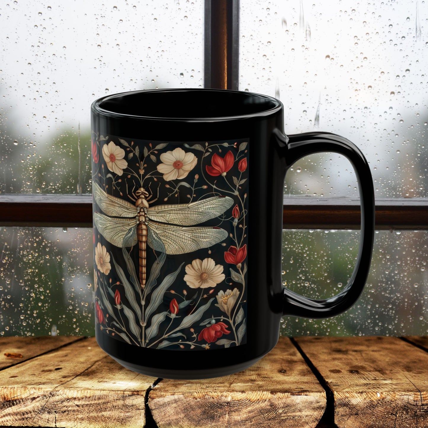 William Morris Inspired Botanical Dragonfly Black Mug 11oz, 15 oz