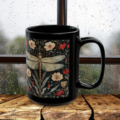 William Morris Inspired Botanical Dragonfly Black Mug 11oz, 15 oz