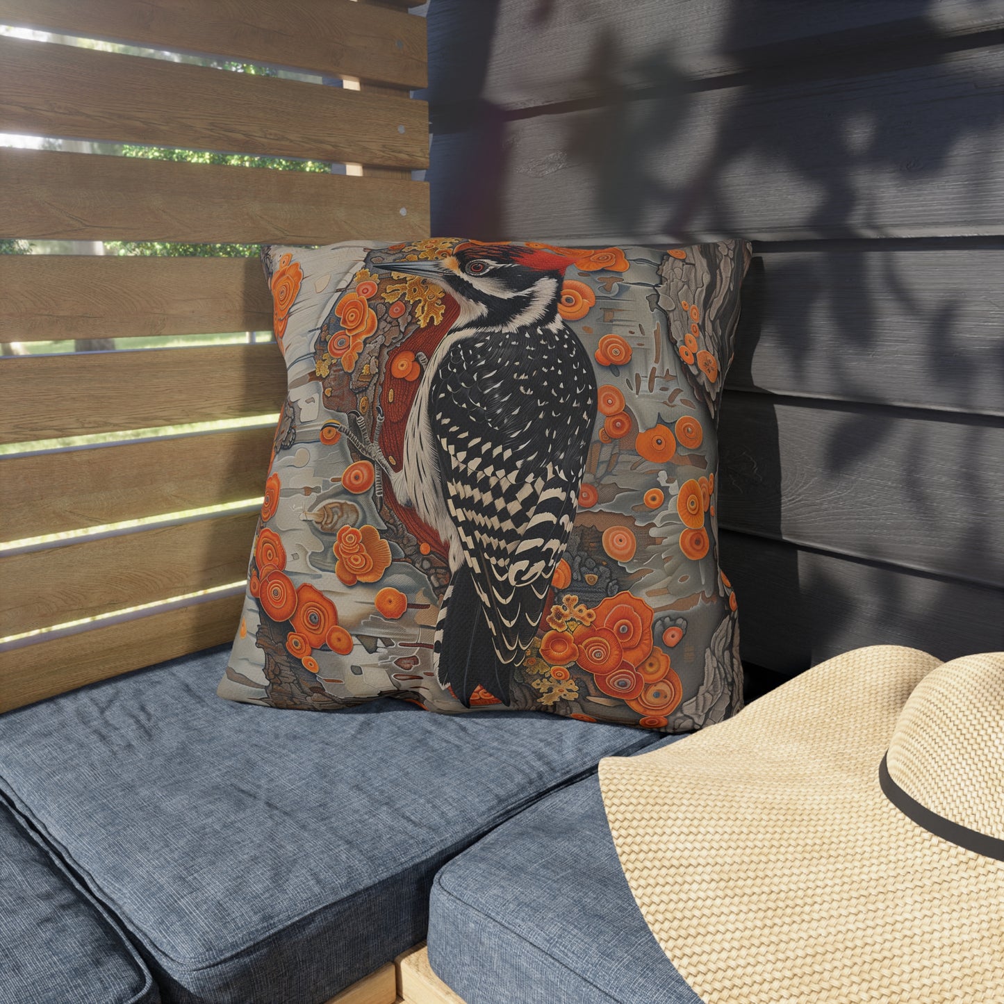 Woodpecker Outdoor Pillow, Bird Throw Pillow, Woodland Cushion, Rustic Cabin Decor Pillow, Nature Lover Gift, Botanical Accent Pillow, Wildlife Pillow