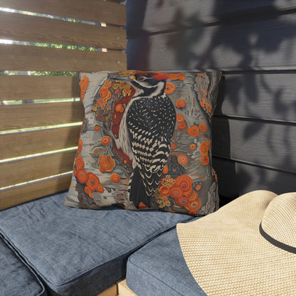 Woodpecker Outdoor Pillow, Bird Throw Pillow, Woodland Cushion, Rustic Cabin Decor Pillow, Nature Lover Gift, Botanical Accent Pillow, Wildlife Pillow
