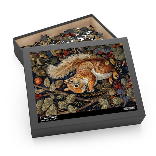 William Morris Inspired Forest Squirrel Jigsaw Puzzle Box | Cottage-core Art Nouveau Puzzle Box (120, 252, 500-Piece)