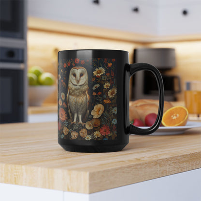 William Morris Inspired Barn Owl Wildflowers Black Coffee Mug 11oz | Mystical Owl For Her Him Ceramic Mug Black Mug