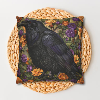 Mystical Raven Halloween Roses Throw Pillowcase, William Morris Inspired Raven Halloween Decor