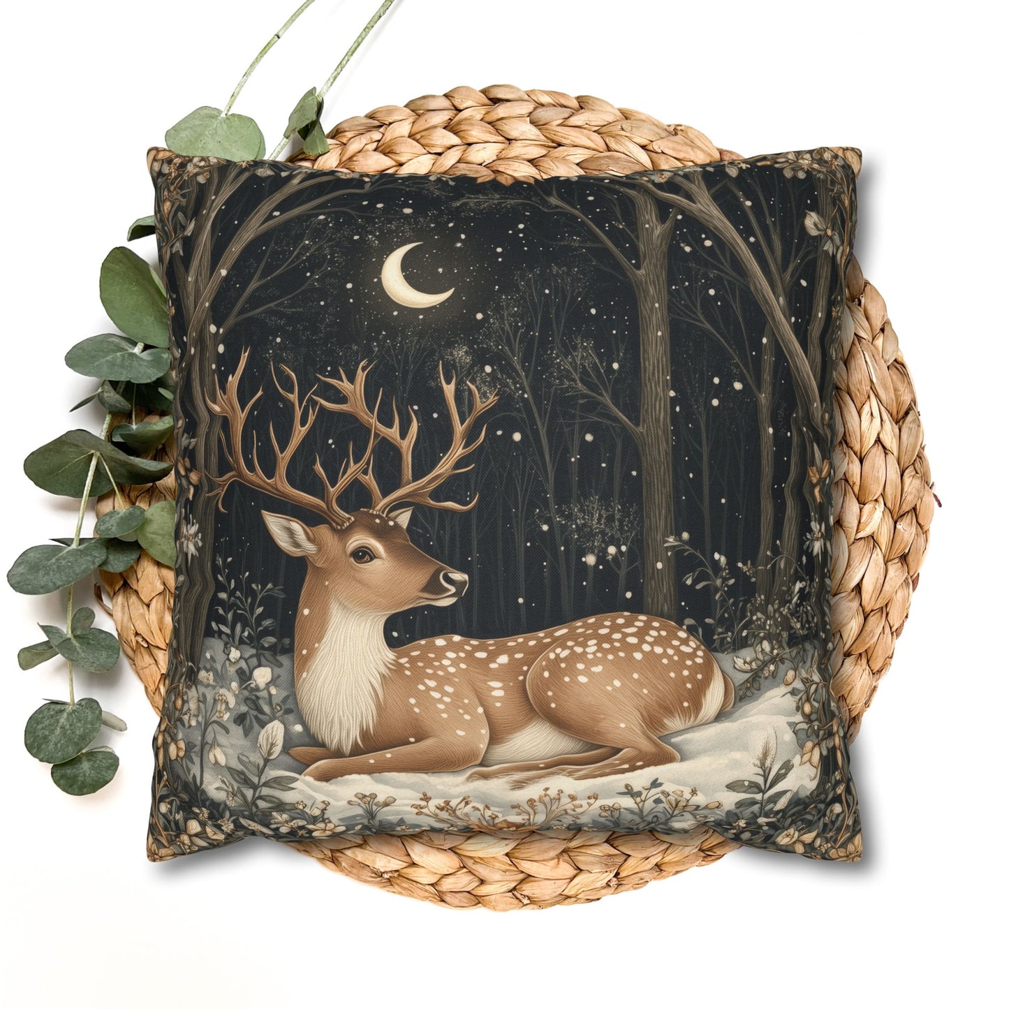 Winter Night Deer Throw Pillowcase, Crescent Moon Woodland Decorative Pillow