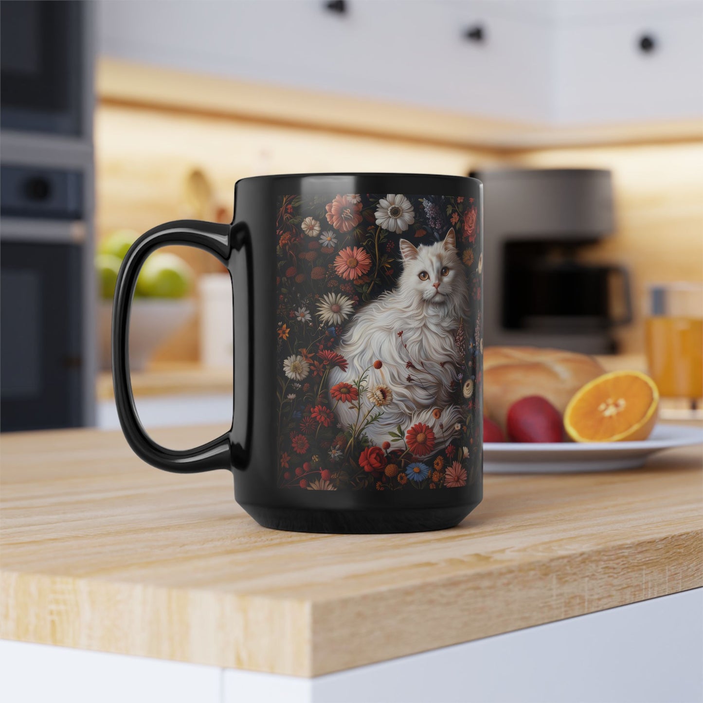 William Morris Inspired White Persian Cat Florals Garden Black Coffee Mug, Cat Lover Gift