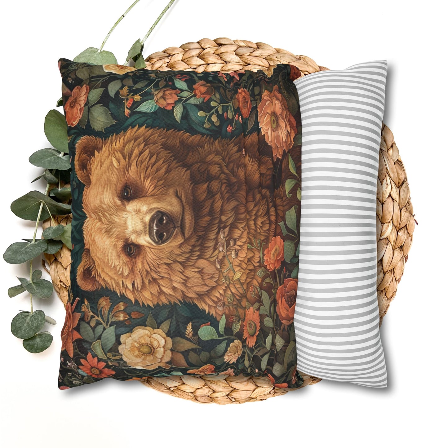 Floral Brown Bear Decorative Pillowcase, Woodland Rustic Throw Pillow Cover
