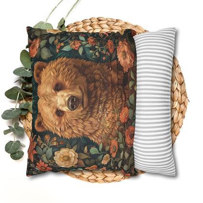 Floral Brown Bear Decorative Pillowcase, Woodland Rustic Throw Pillow Cover