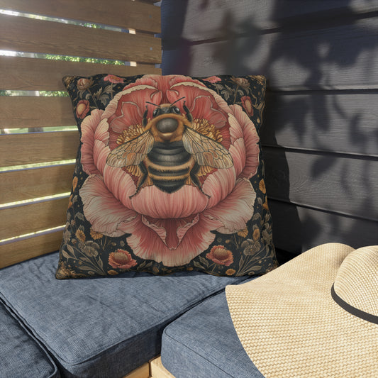 Bee Flower Outdoor Pillow, Bumblebee Floral Throw Pillow, Botanical Garden Cushion, Cottagecore Decor Pillow, Nature Lover Accent Pillow, Bee Lover Gift