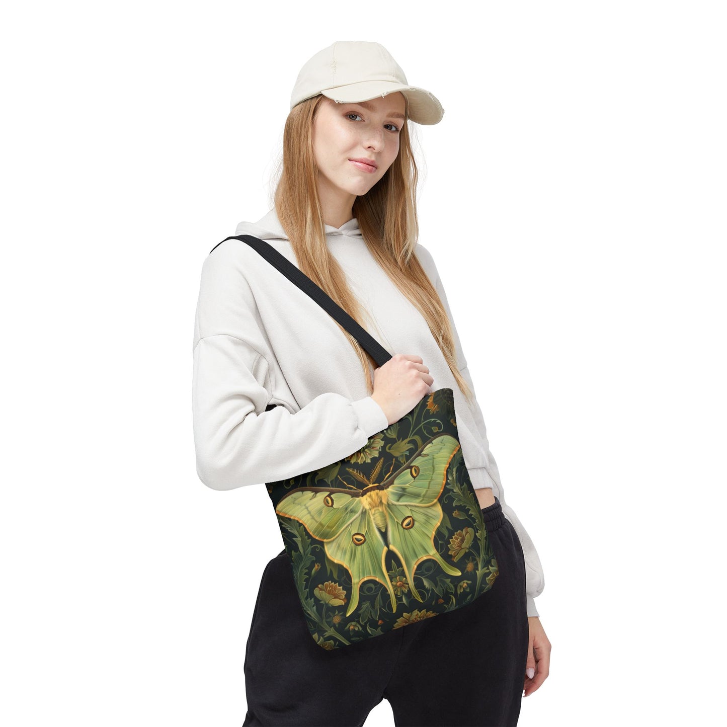 Luna Moth Botanical Tote Bag, William Morris Inspired, Sage Green Nature Bag