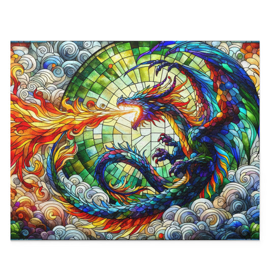 Colorful Dragon Stained Glass Jigsaw Puzzle Box (120, 252, 500-Piece) Adult Jigsaw Puzzle, Gift Him Her