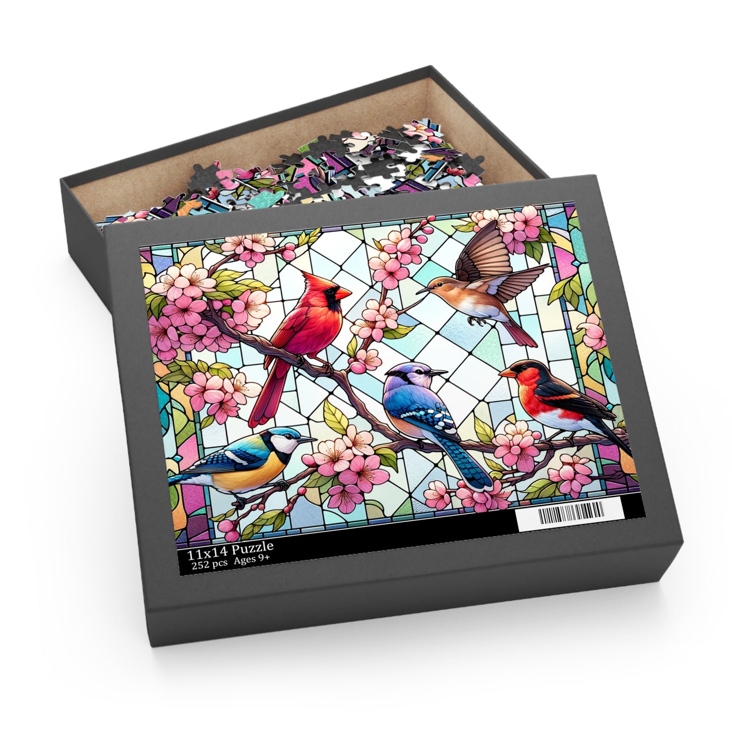 Stained Glass of 5 Spring Birds Jigsaw Puzzle (120, 252, 500-Piece) Adult Jigsaw Puzzle, Gift Him Her