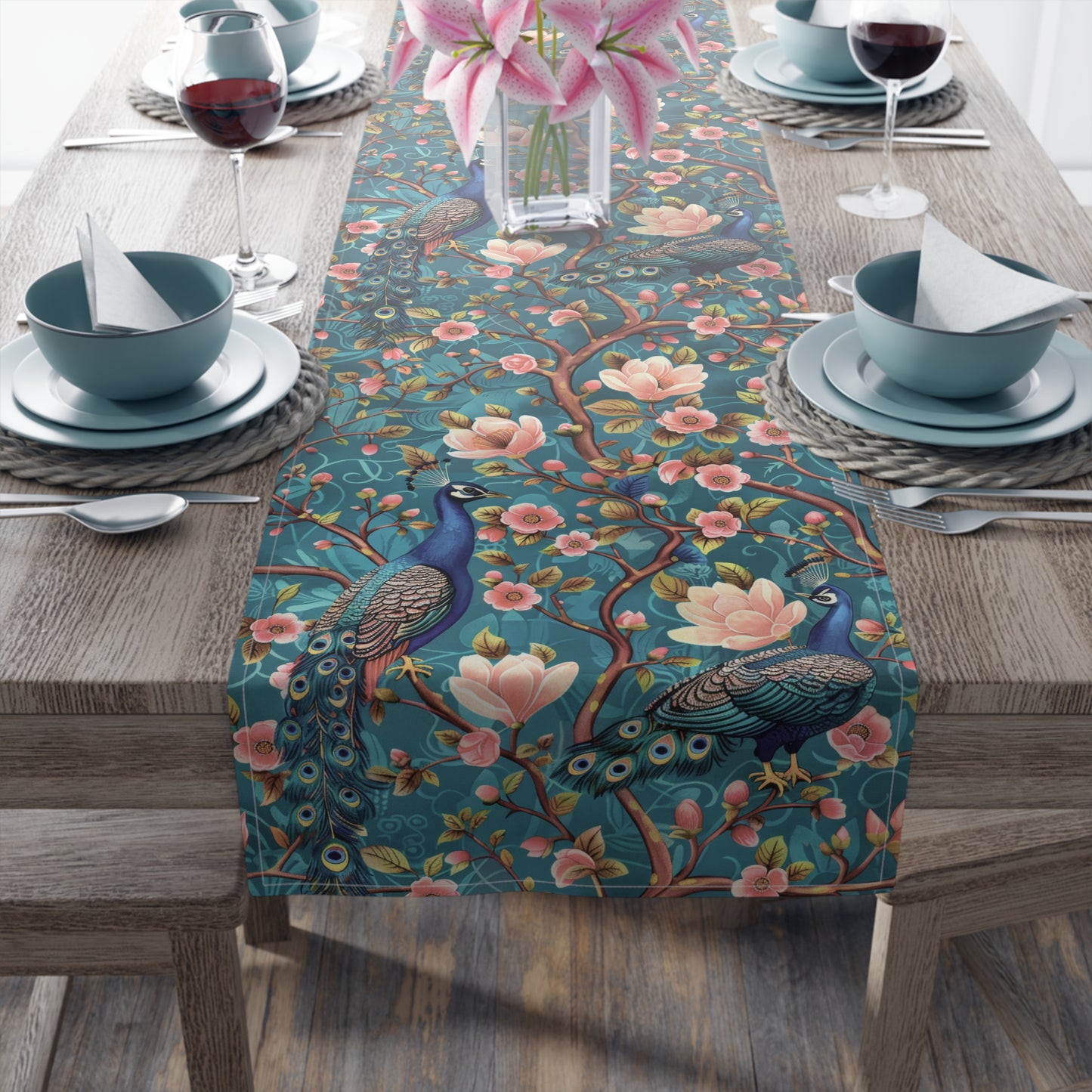 Kalevala Chinoiserie Pink Flowers Peacocks Home Decor Table Runner, Cotton Poly Fabric, Dining Room Kitchen Linens