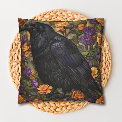 Mystical Raven Halloween Roses Throw Pillowcase, William Morris Inspired Raven Halloween Decor