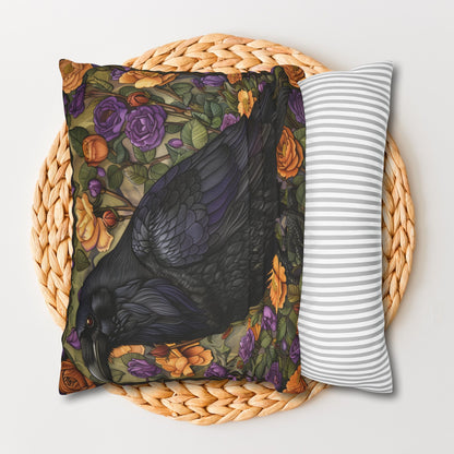 Mystical Raven Halloween Roses Throw Pillowcase, William Morris Inspired Raven Halloween Decor