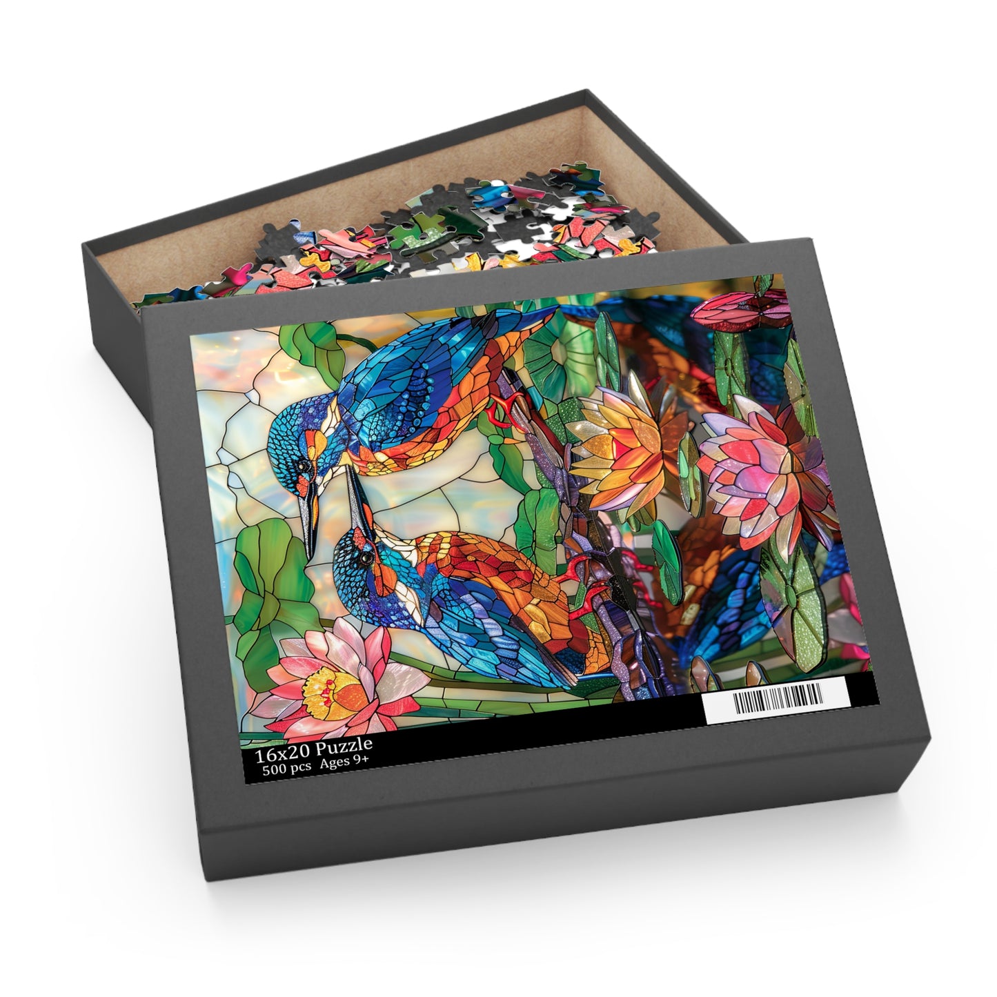 Faux Stained Glass Kingfishers Water Lily Puzzle Box (120, 252, 500-Piece) Family Jigsaw Puzzle, Puzzle Box Gift