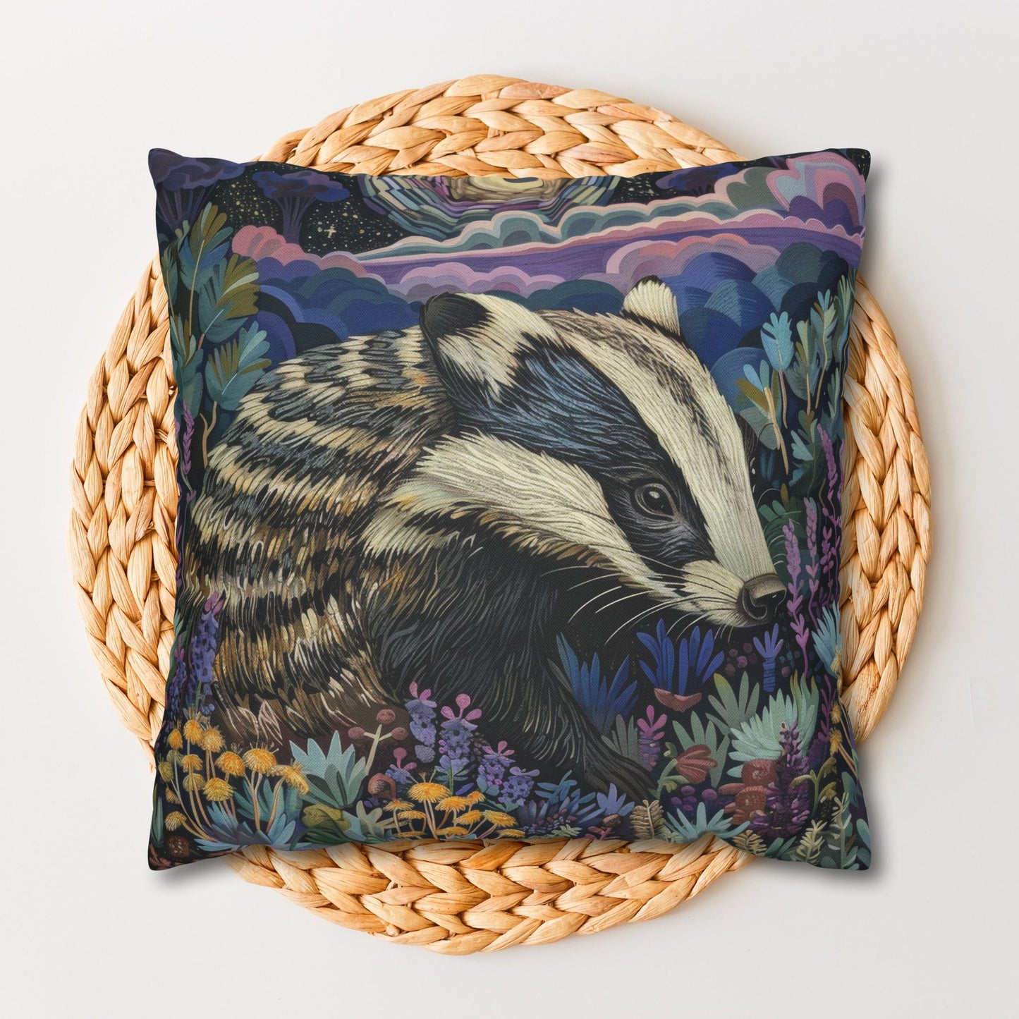Badger in a Moonlit Field of Lavender Pillowcase
